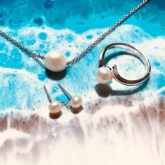 Sterling Silver Natural Freshwater Pearl Studs, Ring, and Necklace at James Charlie Jewelry 