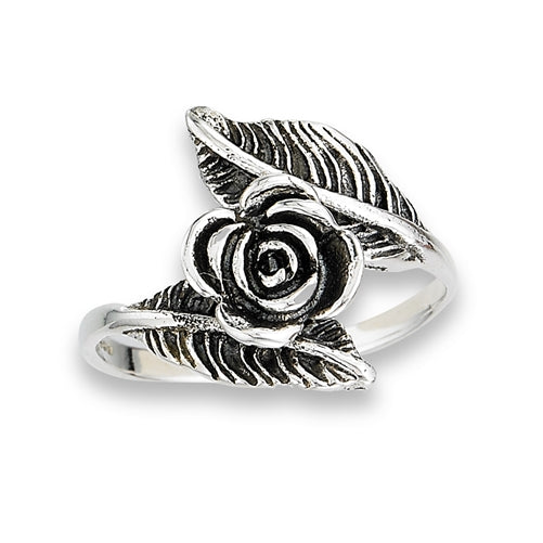 Sterling Silver Rose With Leaf Ring