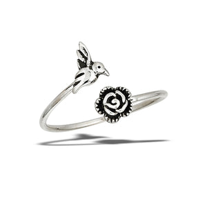 Sterling Silver Adjustable Rose and Hummingbird Ring