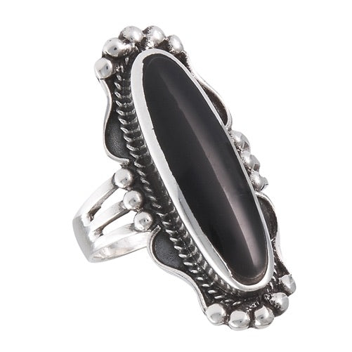 Sterling Silver Long Oval Onyx Ring