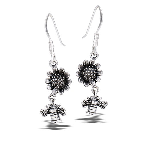 Sterling Silver Dangle Bee and Sunflower Earrings