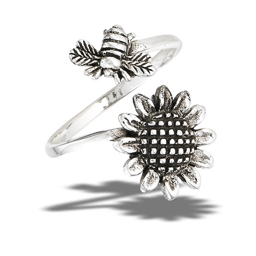 Sterling Silver Adjustable Sunflower and Bee Ring